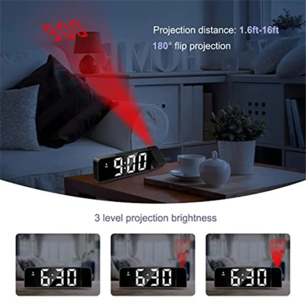 Projection Alarm Clock LED Digital Large Display USB Snooze Night Mode Clock